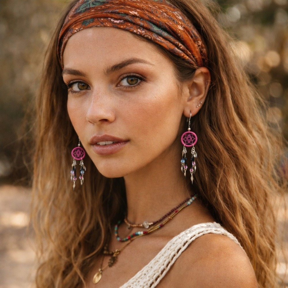 Magenta Pink Dreamcatcher Dangle Earrings Boho Silver Leaf Bead Festival Style